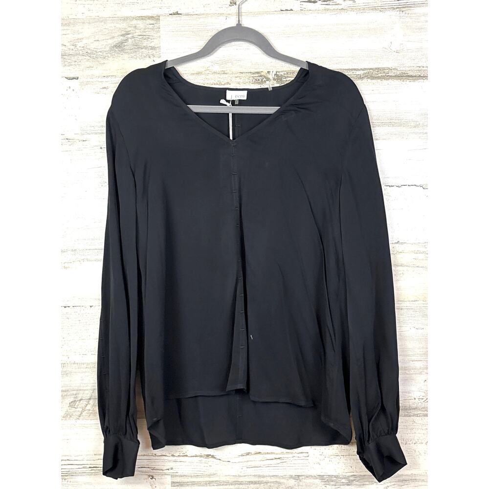 ECRU Womens L Black Viscose Lightweight Long Sleeve V Neck Pullover Blouse NWT